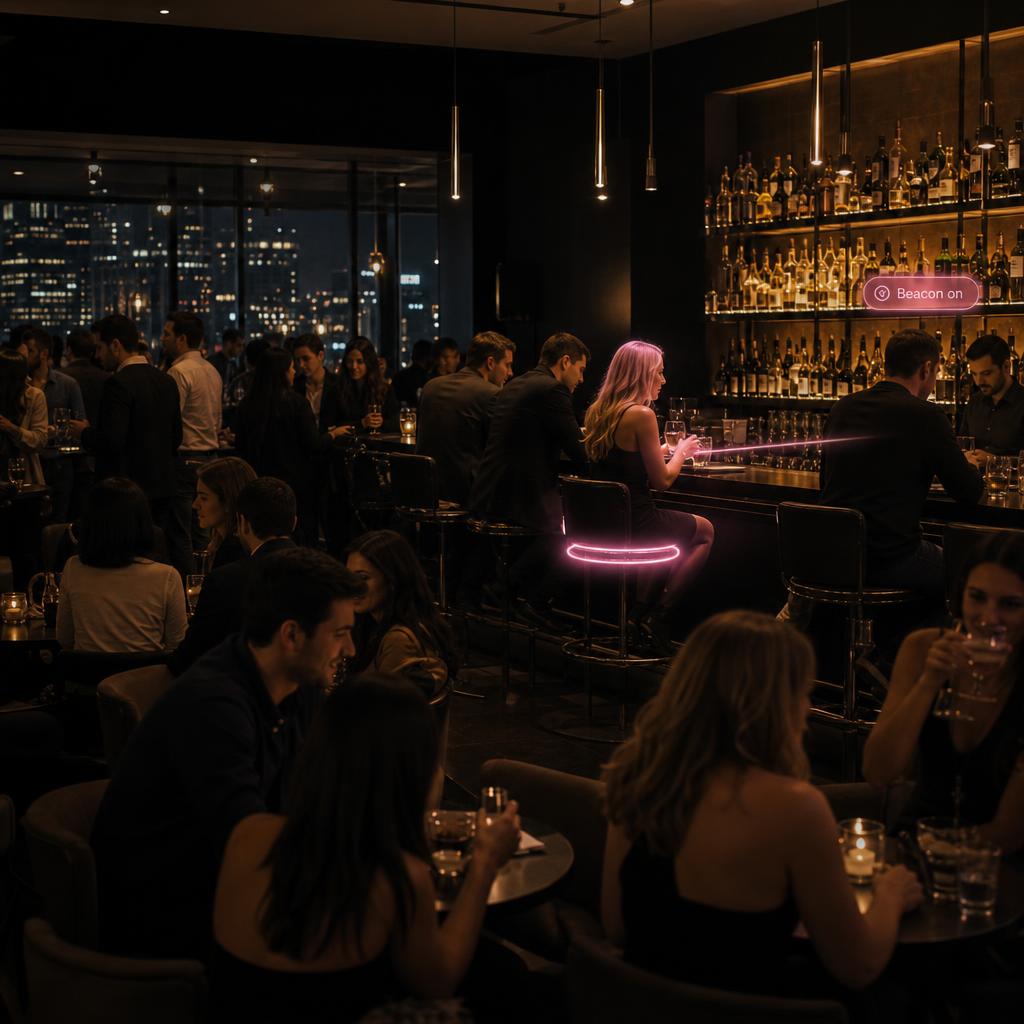 A busy city bar at night where only some people have a pink Thursday beacon glowing around them