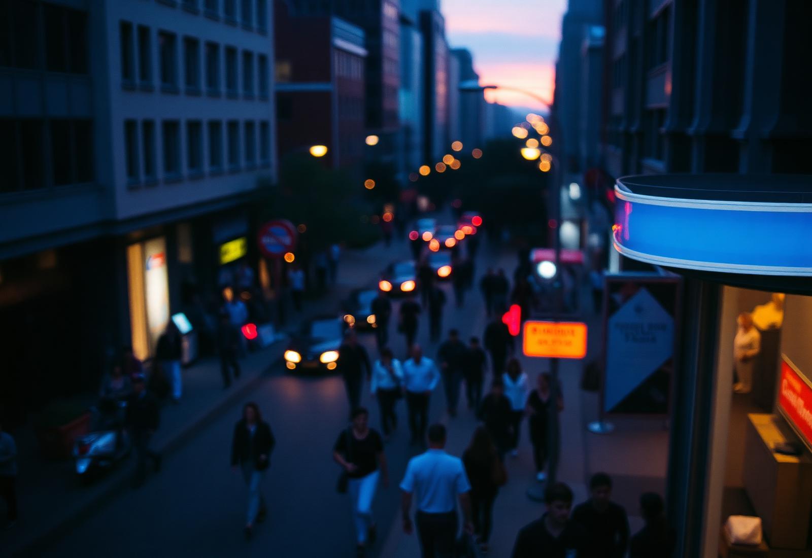 A city street at dusk full of people