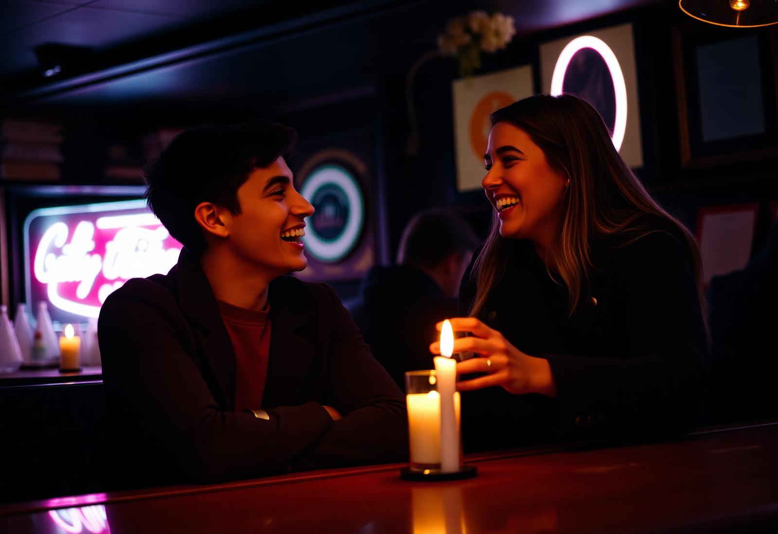Two people meeting for the first time in a candlelit bar