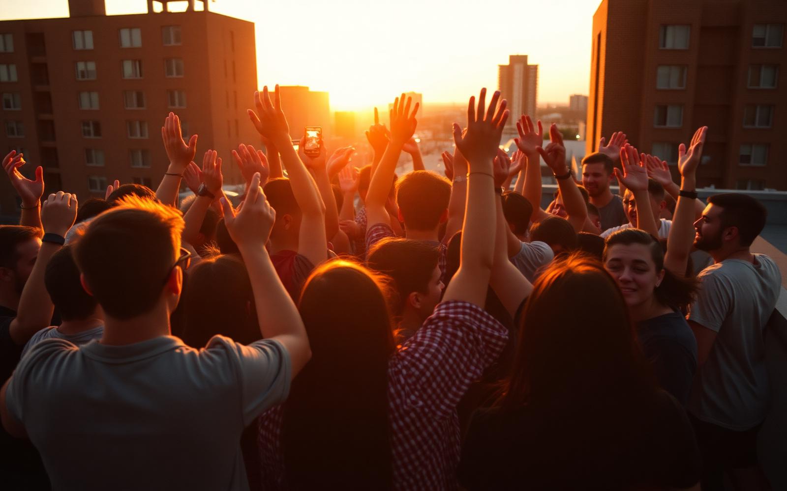 A rooftop party of young people at golden hour