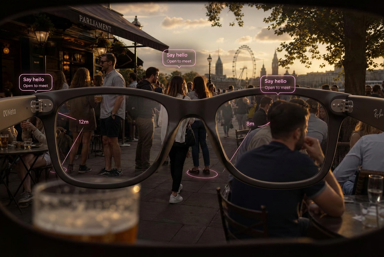 Point of view through smart glasses in a busy pub garden showing 'Say hello' status markers above people open to meeting